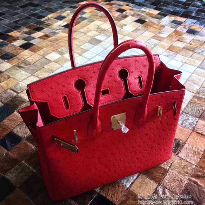 HERMES愛馬仕 鉑金包 Birkin 30 南非原產KK級鴕鳥皮 頂級工藝 中國紅 手縫蠟線 手提包  Ama1235